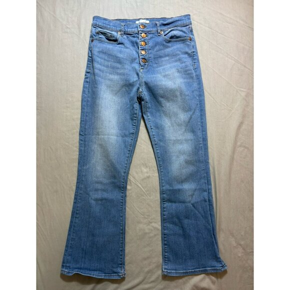 LOFT The Kick Crop Button Fly Front Denim Cropped Slight Flare Blue Jeans 27 - Picture 1 of 9